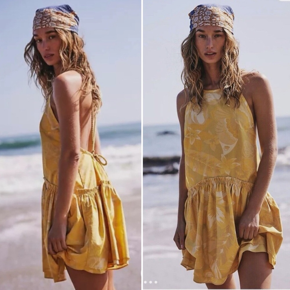 New Free People Deserted Island Yellow Hibiscus Mini Dress